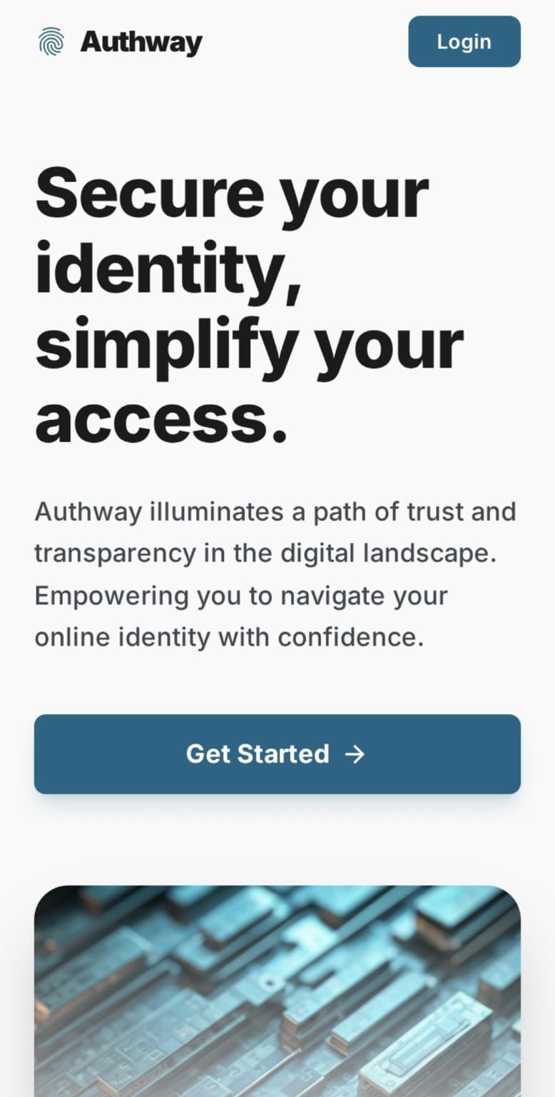 Authway landing page generated by Google Stitch using NamoLux brand palette