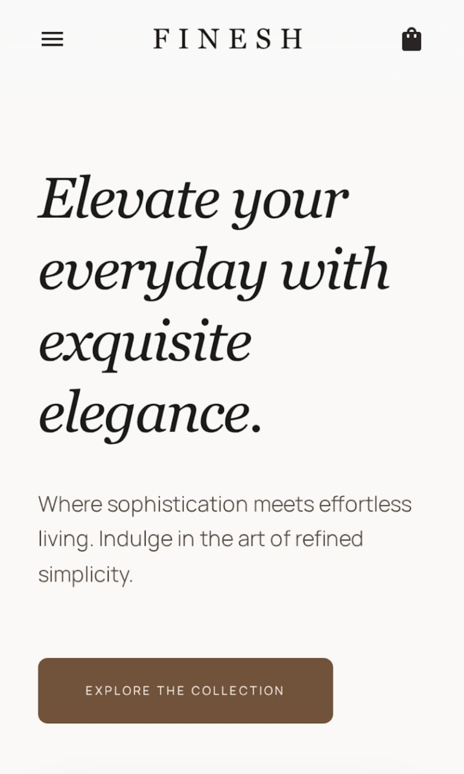 Finesh landing page generated by Google Stitch using NamoLux brand palette