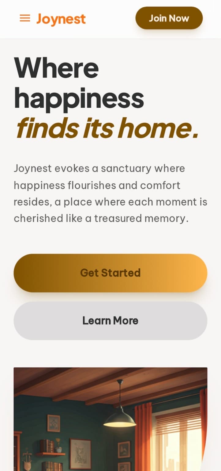 Joynest landing page generated by Google Stitch using NamoLux brand palette